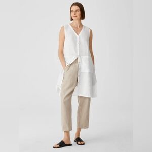 Eileen Fisher Organic Linen Hankerchief V-neck Long Button Down Top Small White